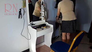 Camera in nude barbershop. Hairdresser makes undress lady ho cut her hair. Barber, nudism. CAM 1 scene 1