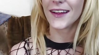 A skinny blonde milf dressed up in fishnets is getting some good fucking from a horny guy