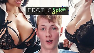 Ginger teen student ordered to headmistress office and fucked by his big tits Latina teachers in creampie threesome