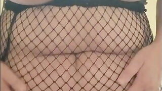 JOI Black Panties & Black Fishnet Pantyhose, BBW Tits Pussy