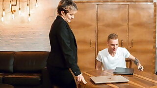 TUTOR4K. Mature woman with short haircut gives muff to young guy